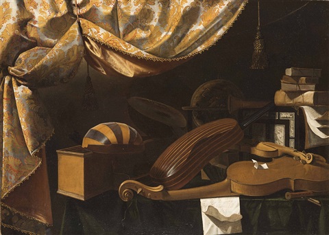 Importante dipinto ad olio su tela del Seicento lombardo raffigurante l'opulenza barocca: liuto, globo e tappeto anatolico Ushak, opera di Bartolomeo Bettera. Expertise accademico e acquisto pittura antica